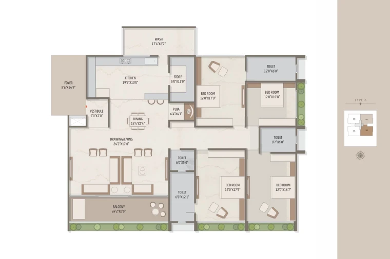 Type A - 4 BHK Unit Plan