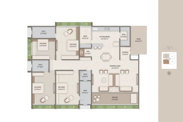 Type B - 4 BHK Unit Plan